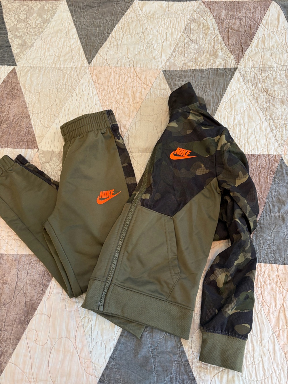 Nike Olive Green Camo-Panel Jogger Set with Bright Orange Logo
